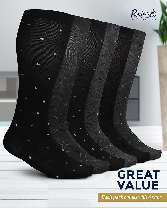 Pembrook Light Compression Socks for Men - 6 Pairs | 8-15 mmHg Graduated Compression Socks for Men 9-12 | Support Socks