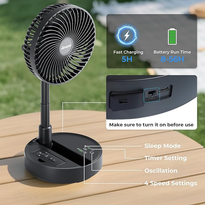 AMACOOL 8'' Foldable Oscillating Fan, 10000mAh Battery Operated with Remote & Timer, Height Adjustable Portable Standing Fan, Quiet USB Output for Camping RV Picnic Home Office Outdoor