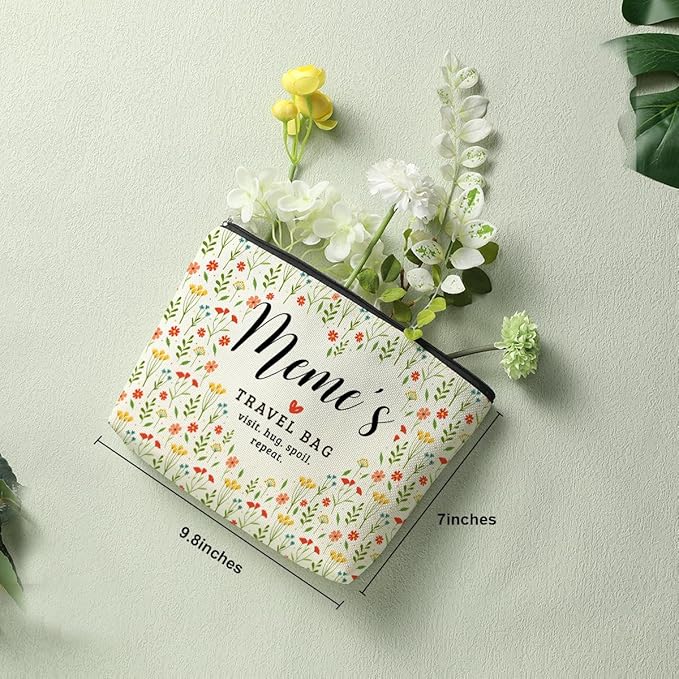 Decohim Meme's Travel Bag Mothers Day Makeup Bag Meme Gifts Grandma Birthday Gifts Funny Coloful Floral Cosmetic Bag for Women Nana Gigi Mimi Nanny Granny Mom Chirstmas Appreciation Retirement Gifts