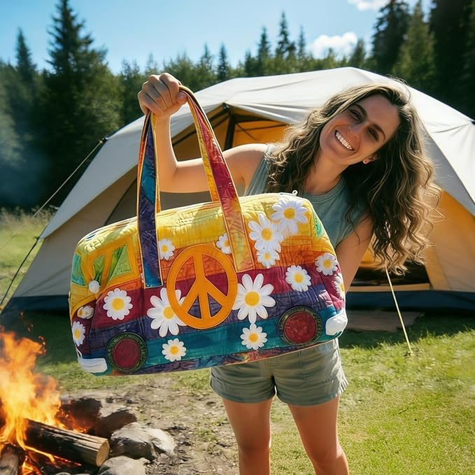 Hippie Journey Quilted Duffel Bag Hippie Van Travel Duffel Bag Vintage Floral Weekender Overnight Bags Women Gym Bags