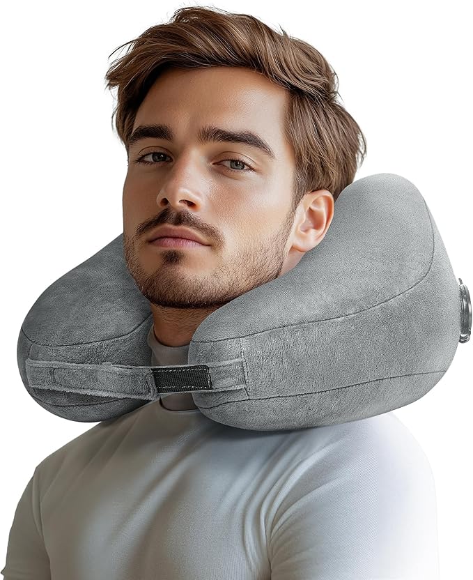 Travel Pillow Inflatable Neck Pillow Airplane Pillow with Velvet Cover Inflatable Pillow for Car/Train/Plane (Grey, M)