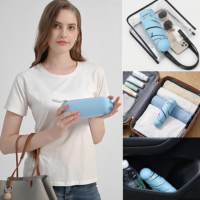 BAODINI Travel Essentials Mini Umbrella for Purse With Case Small Compact UV Sun Protection Lightweight Tiny Pocket Manual Open Close Umbrella for Women Kids and Men Fit Purse Backpack