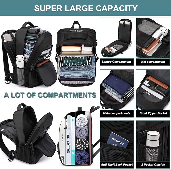 Extra Large Backpack for Men 50L,17inch Travel Backpack with USB Charging Port,TSA Big Business Anti Theft Durable Laptops Backpack,Water Resistant College Padded Computer Bag Gifts for Men Women,Grey