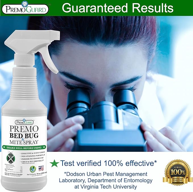 Premo Guard Bed Bug Killer Spray 16 oz - University Tested 100% Kill Rate - Natural Non Toxic, Stain & Scent Free - Kill Bedbugs & Mites On Bed & Blankets, Furniture, Clothing - Child & Pet Safe