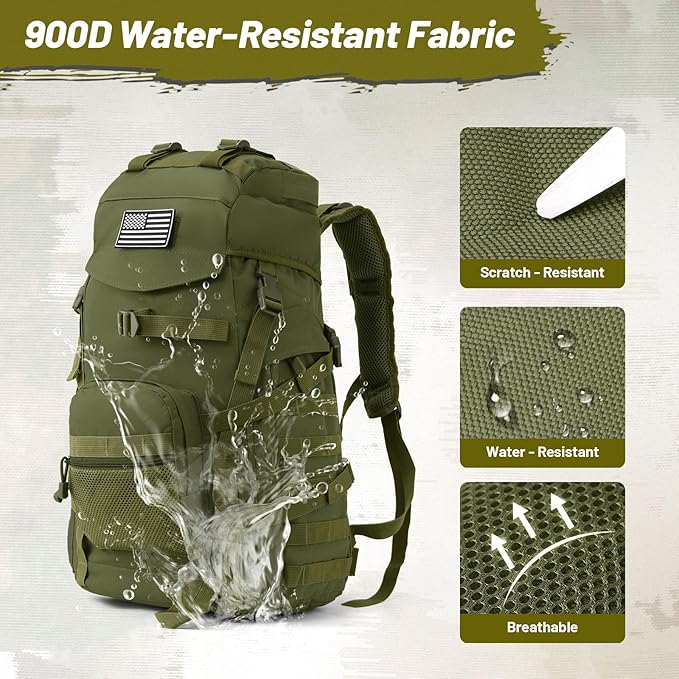 AUMENTAR 50L Tactical Backpack for Men and Women, Water-Resistant Molle Rucksack, Large Military Assault Pack for Hiking, Hunting, Camping, Gym & Outdoor Survival Green