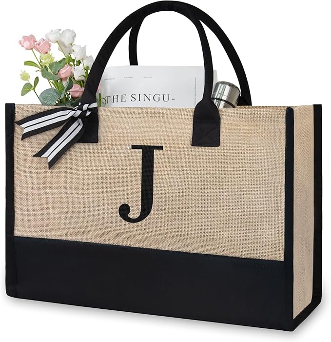 TOPDesign Personalized Initial Canvas Beach Bag, Monogrammed Gift Tote Bag for Women