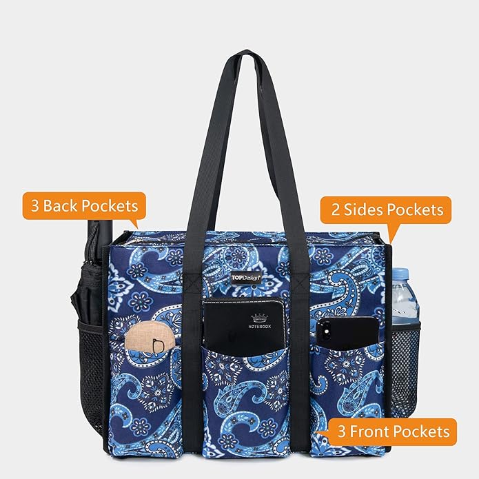 TOPDesign Utility Water Resistant Tote Bag with 13 Pockets, Top Zipper Closure & Thick Bottom Support, for Working Women