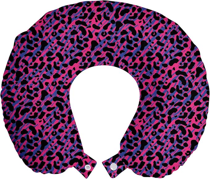Ambesonne Jungle Travel Pillow Neck Rest, 80s Style Vintage Leopard Skin Radiant Colors Tiger Savannah Print, Memory Foam Traveling Accessory for Airplane and Car, 12", Royal Blue Hot Pink