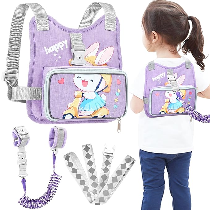 Accmor Toddler Harness Backpack Leash, Collapsible Kids Harness + Anti Lost Wrist Link, Cute Rabbit Child Leash for Outdoor Travel, Portable Baby Walking Harness Protector Wristband Strap for Girls
