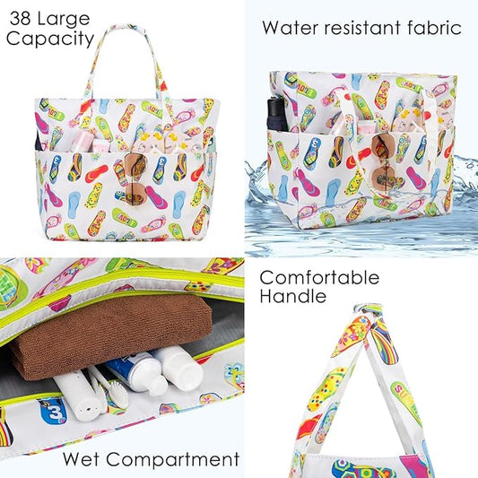 KABAQOO Extra Large Beach Bag Waterproof Sandproof Women Beach Tote with Zipper & Wet Compartment for Pool Gym Grocery Travel