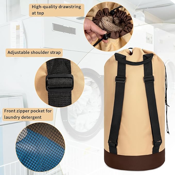 Laundry Bag Backpack with Shoulder Straps and Mesh Pocket Foldable Clothes Hamper Bag with Drawstring Closure for College, Apartment, Laundromat (Brown)