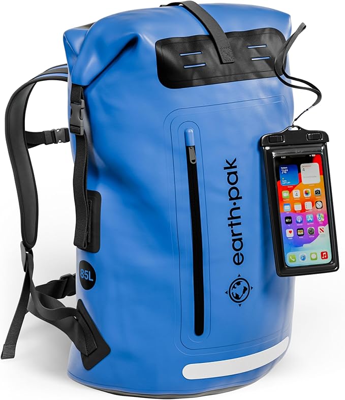 Earth Pak Waterproof Backpack - Heavy Duty Roll-Top Closure with Easy Access Front-Zippered Pocket and Cushioned Padded Back Panel for Comfort with IPX8 Waterproof Phone Case, Blue, 85L, Messenger Bag