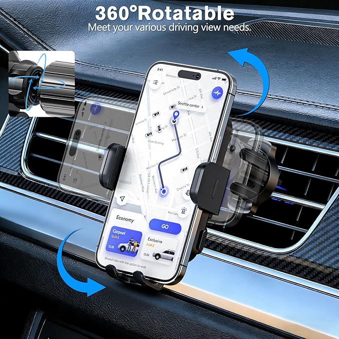 Car Phone Holder, MOYAC Wireless Auto-Clamping Car Mount with Metal Hook Clip, 360° Rotation, One Button Quick Release, Air Vent Cell Phone Car Mount for iPhone/Galaxy/Google/LG and All Smartphone,15W
