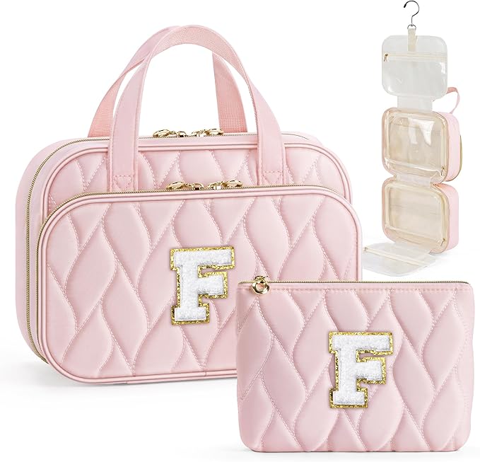 YOOLIFE Gifts for Friends - Friendship Gifts for Women, Travel Toiletry Bag for Women, Hanging Toiletry Bag, Monogrammed Initial Tolietry Pouch Makeup Bag - Letter F Pink