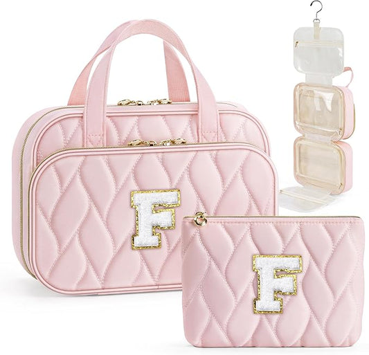 YOOLIFE Gifts for Friends - Friendship Gifts for Women, Travel Toiletry Bag for Women, Hanging Toiletry Bag, Monogrammed Initial Tolietry Pouch Makeup Bag - Letter F Pink
