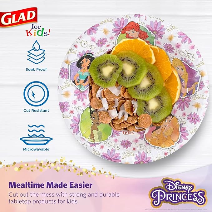 Glad for Kids Disney Princess Disposable Paper Bowls, Floral Frames - Heavy Duty, Soak Proof, Microwavable, Kid-Friendly Snack Bowls for Everyday Use, 12 Ounce, 40 Count - 8 Pack