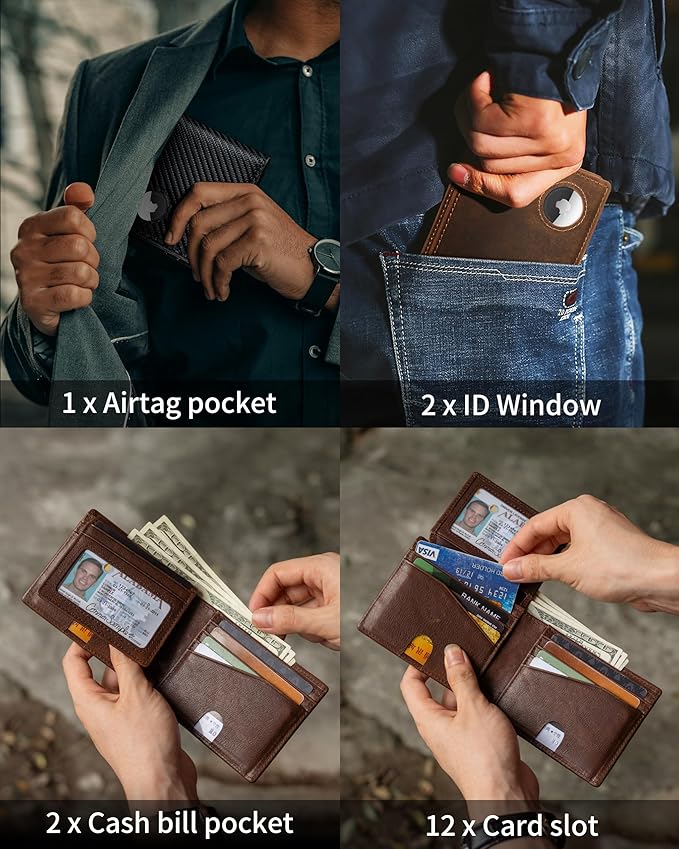 Mens Wallet With AirTag Holder, Bifold Leather RFID Blocking 1-2 ID Windows 12-13 Card Holders, Gift Box and Screen Protector Included, AirTag Not Included