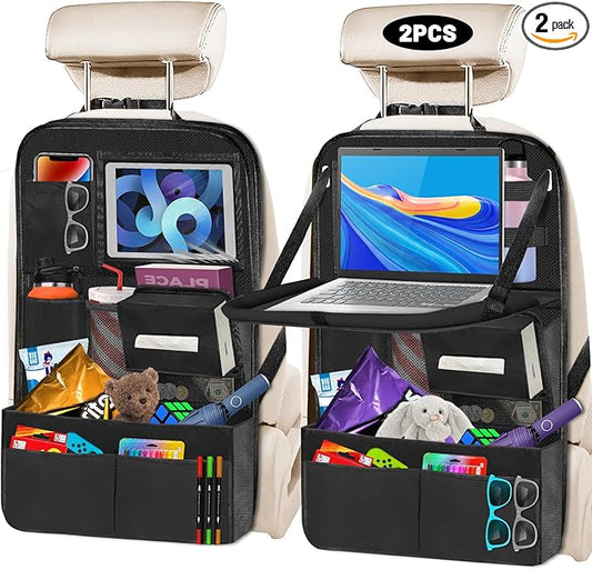 Backseat Car Organizer with Table Tray,12 Pockets Storage Organizer with Tablet Holder,Car Seat Organizer with Car Tissue Holder,Kick Mats Protector For Kids,Travel Accessories(2-Pack)