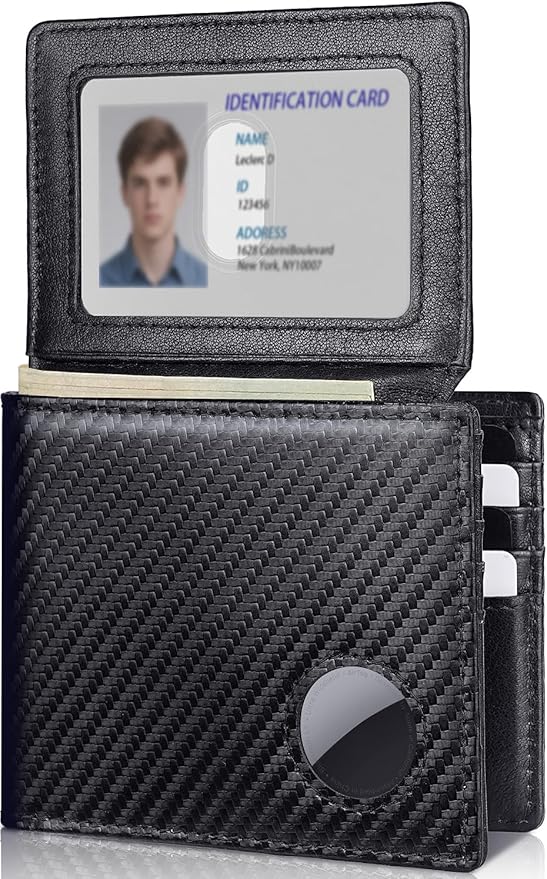 Mens Wallet with AirTag Holder, Genuine Leather Bifold RFID Blocking Wallet for Men - 2 ID Window 13 Cards Holders 1 Gift Box, AirTag Not Included