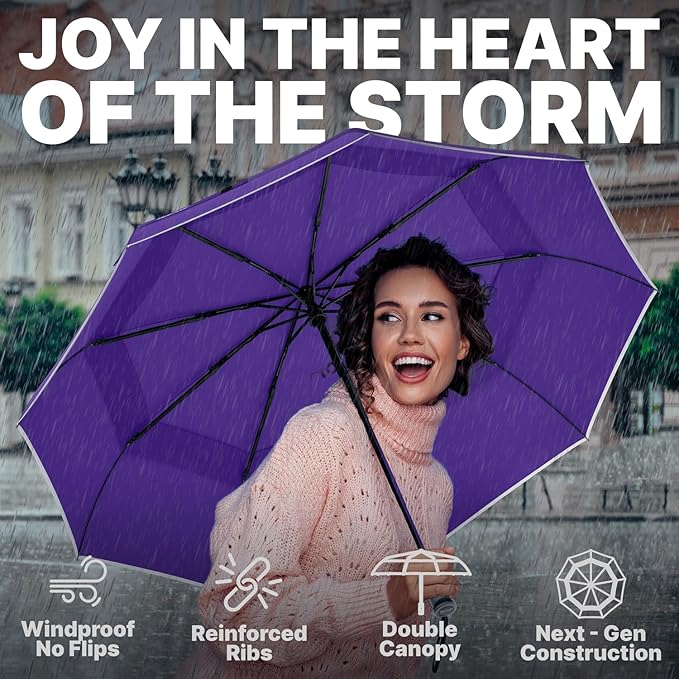 Royal Walk Windproof Folding Travel Umbrella Compact and Strong Luxurious Real Wood Handle Automatic Open Close Vented Double Canopy for Men and Women