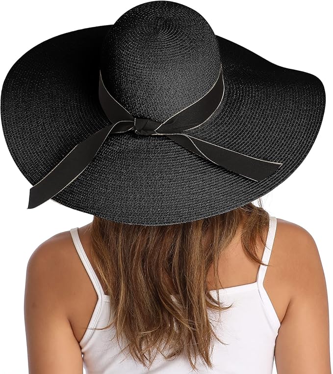 Lanzom Womens Wide Brim Straw Hat Big Floppy Foldable Roll up Cap Beach Sun Hat UPF 50+