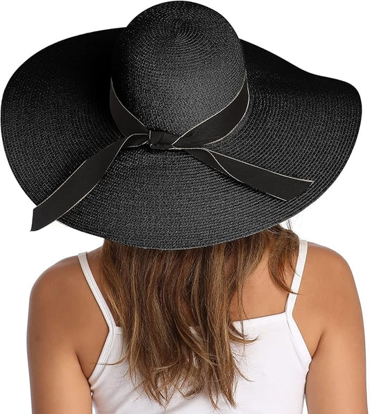 Lanzom Womens Wide Brim Straw Hat Big Floppy Foldable Roll up Cap Beach Sun Hat UPF 50+