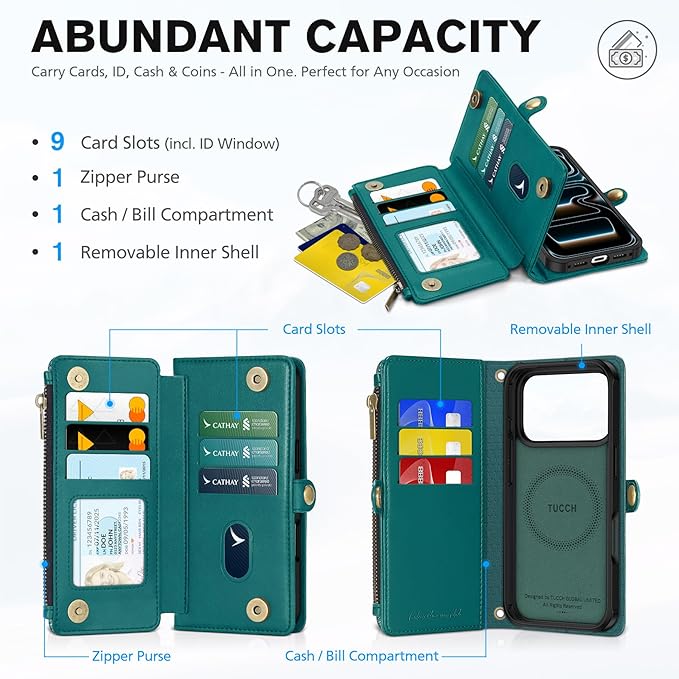 TUCCH Detachable Crossbody Wallet Case for iPhone 17 Pro (6.3"), 9 Card Holders RFID Blocking | Lanyard | Wrist Strap | Wireless Charging | Zipper Pocket | PU Leather | Stand Flip Cover | Bluish Green
