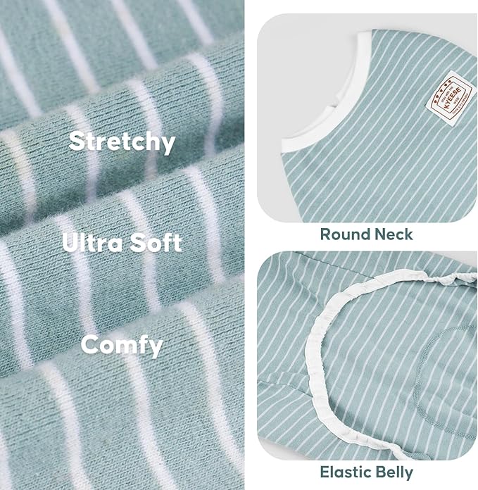 KYEESE Dog Pajamas Stretchable 4 Legs Doggie Jammies Striped Jumpsuit Lightweight Onesie Puppy Pajamas Cozy Outfit Comfortable Dog Clothes Hair Shedding Cover Pet Sleepwear, Green Striped, Medium