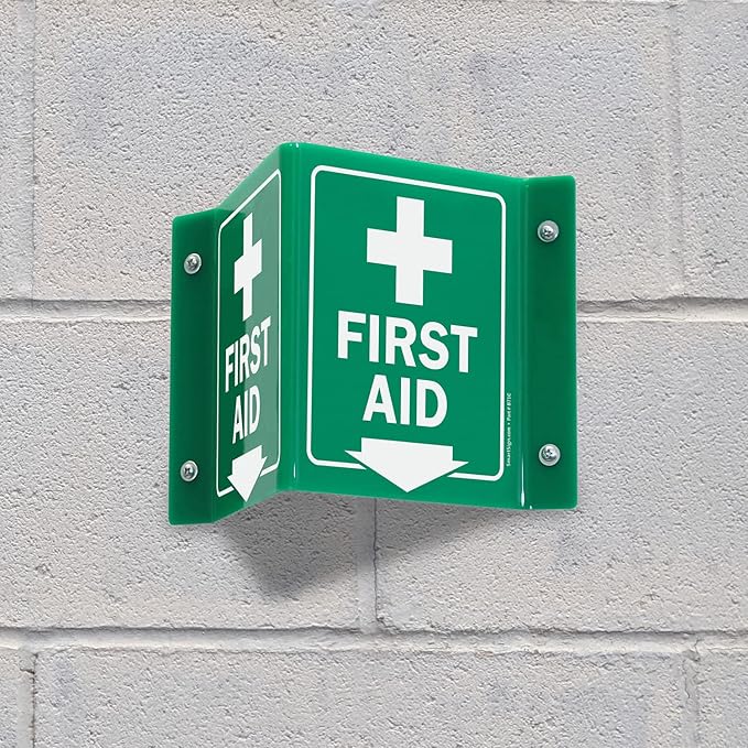 SmartSign "First Aid" Two-Sided V-Shaped Projecting Sign with Down Arrow and Symbol, 6 x 5 inch, 120 mil Polished Acrylic, Green/White, Made in USA