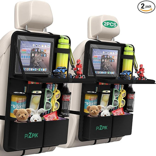 Car Backseat Organizer with Tablet Holder,11 Storage Pockets with Foldable Food Tray, Protector Kick Mats for Kids, Travel Accessories Organizer (Black, 2Pack with Food Tray)