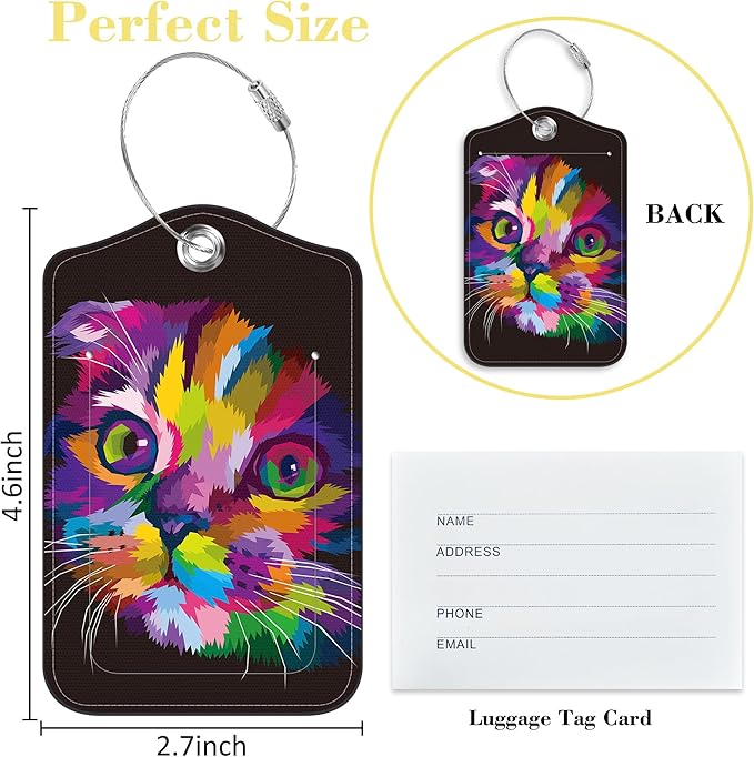 2 Pack Luggage Tags for Suitcase,PU Leather Travel Cruise Luggage Tag with Privacy Cover,Name ID Label and Steel Ring,Travel Essentials for Women Men (Cat with Abstract Beauty)