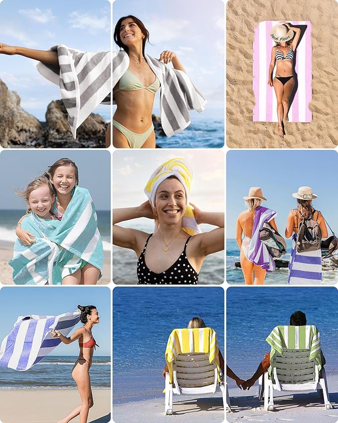 Cotton Oversized Beach Towel - 40 x70 Inch Extra Large Striped Pool Towel, Big Soft Terry Cloth Beige Cabana Swim Towel