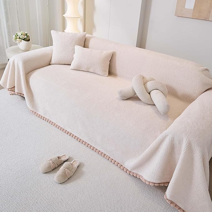 Sherpa Fleece Couch Cover for 3 Cushion Sofa, Beige, 71" x 134" - Pet Proof Sofa Covers Heavy Duty Scratch Resistant Pet Friendly Furniture Cover - Easy Install, Machine Washable