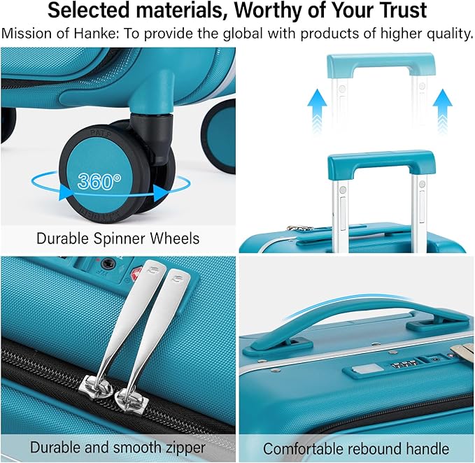 Hanke 20 Inch Carry On Luggage with Cup Holder and Charge,Top Opening Hard Shell Suitcases with Wheels and Dividers,Aluminum Frame Trunk Luggage Small Suitcase with Lock for Travel,Caribbean Blue