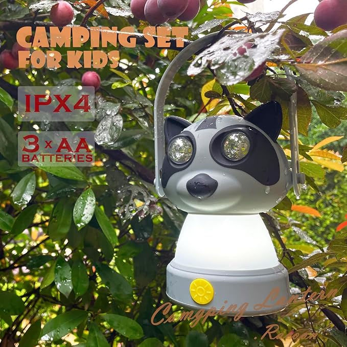 Outdoor Equipment LED Camping Lantern & Headlamp Set for Kids, FANT.LUX Battery Powered Night Light for Emergency, Hurricane, Lightweight Tent Lamp - Owl (Raccoon Set)