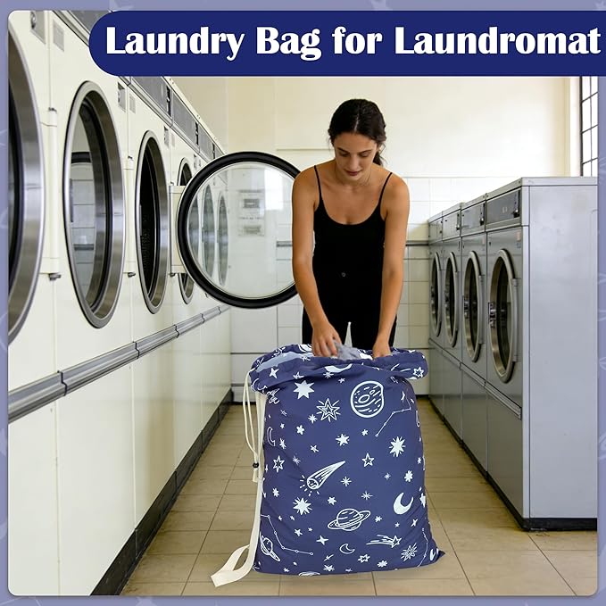 Canvas Laundry Bag with shoulder Strap 24" x 29", Large Drawstring Dirty Clothes Bag Washable Laundry Sack for College Dorm, Travel, Home, Camp (Space)