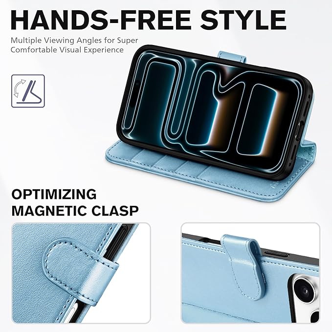 TUCCH Case Wallet for iPhone 17 Pro (6.3-Inch) 2025, RFID Blocking 4 Card Slots, Kickstand, Magnetic Closure, PU Leather, Shockproof TPU Shell, Protective Flip Cover, Pearly Light Blue