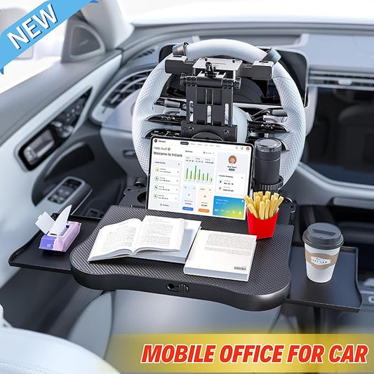 Large Car Desk for Laptop | Steering Wheel Tray Table | Foldable Back Headrest Seat Eating Food Trays with Drinks Cupholder Phone Tablet Holder for Kids | Car Travel Essentials for Long Trips