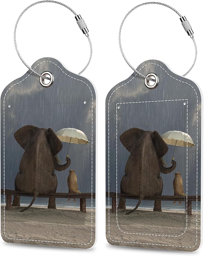 Elephant and Dog Sit Under The Rain Luggage Tags 2PCS PU Leather Suitcases Tag with Stainless Steel Loop and Privacy Name Address Cover Label Card for Women Men Travel