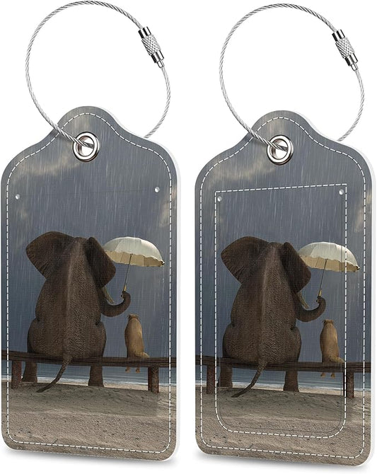 Elephant and Dog Sit Under The Rain Luggage Tags 2PCS PU Leather Suitcases Tag with Stainless Steel Loop and Privacy Name Address Cover Label Card for Women Men Travel
