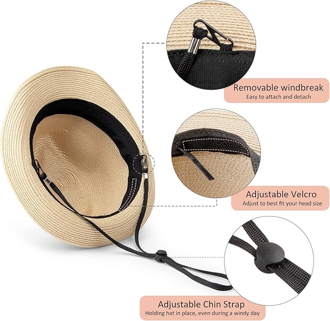 DRESHOW Women Straw Panama Hat Travel Fedora Beach Sun Hat Summer Wide Brim Straw Roll up Hat UPF 50+