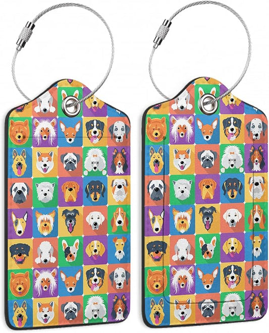 Cute Dog Luggage Tag for Suitcase 2 Pcs Unique Leather Suitcase Tags with Full Privacy Cover Stainless Steel Loop for Women Men Travel Baggage Bag Backpack