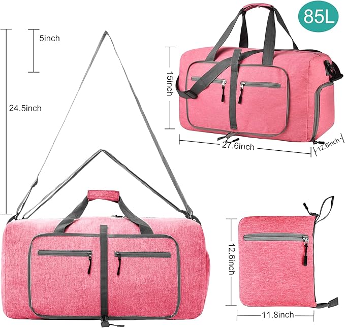 Dimayar 85L Travel Duffle Bag for Men Women - Foldable Duffel Bag with Shoes Compartment - Overnight Bags Waterproof & Tear Resistant(Pink)