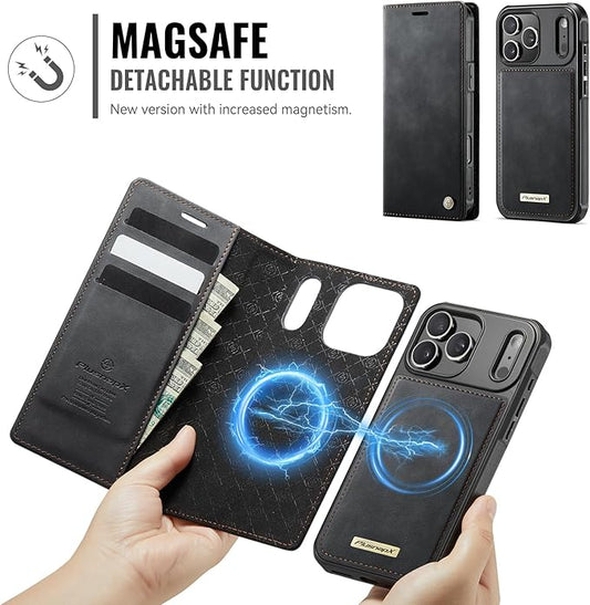 PlusnapX Wallet Case for iPhone 17 Pro Compatible with Magsafe, 2-in-1 PU Leather Flip RFID Blocking Card Holder Stand Shockproof Magnetic Detachable Cover for iPhone 17 Pro Case 6.3", Black