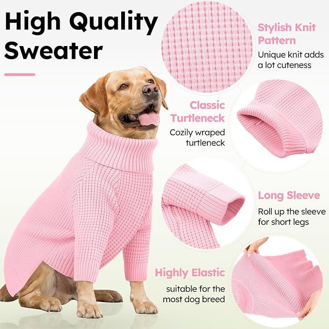 Queenmore Dog Sweaters for Medium Dogs Girl, Dog Sweater with Long Sleeve, Waffle Knit Doggie Kintsweaters, Cat Christmas Sweaters, Pink M