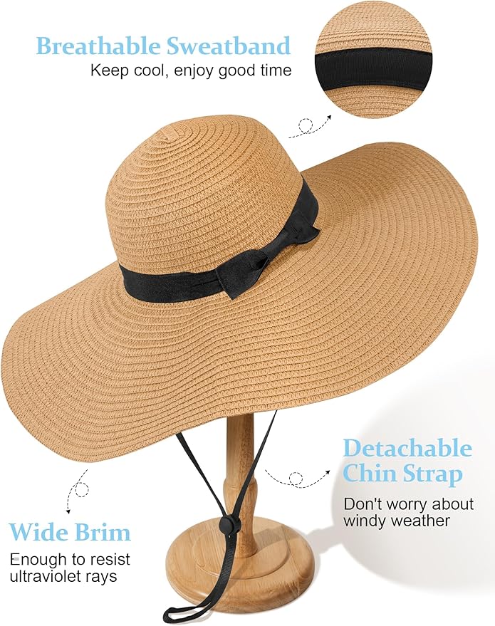 Senker Fashion Sun Hats for Women Oversize Wide Brim Straw Beach Hat Floppy Foldable Roll-Up Summer Vacation UPF 50+