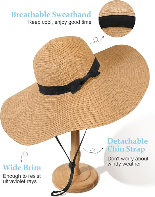 Senker Fashion Sun Hats for Women Oversize Wide Brim Straw Beach Hat Floppy Foldable Roll-Up Summer Vacation UPF 50+