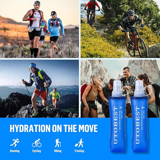Soft Flask, 2 Pack Soft Flask Running Bottles 250 ml,TPU Foldable Running Flask, Portable Collapsible Flask Handheld for Travel Traveling Hiking Cycling City Walk