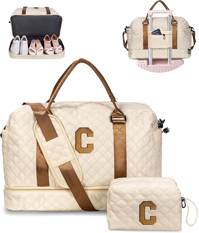 Vogewood Birthday Gifts for Women-Initial Duffle Bag with Shoe Compartment, Personalized Weekender, Monogram Overnight, Letter Travel Bag with Makeup, Friend Wife Birthday Gift (Letter C)