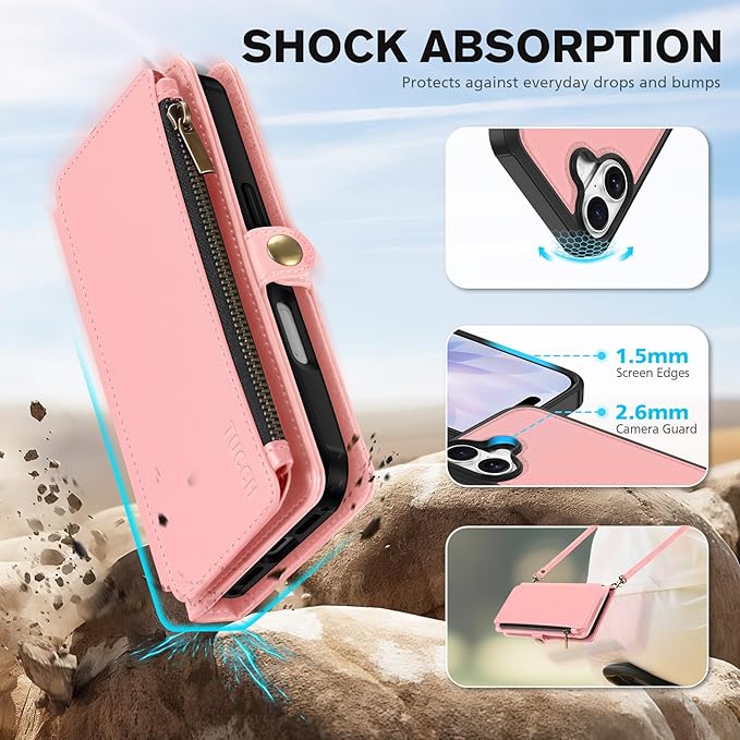 TUCCH Detachable Crossbody Wallet Case for iPhone 17 6.3", 9 Card Slots RFID Blocking | Stand | Lanyard | Wrist Strap | Wireless Charging | Zipper Pocket | PU Leather | Magnetic Flip Cover | Rose Gold